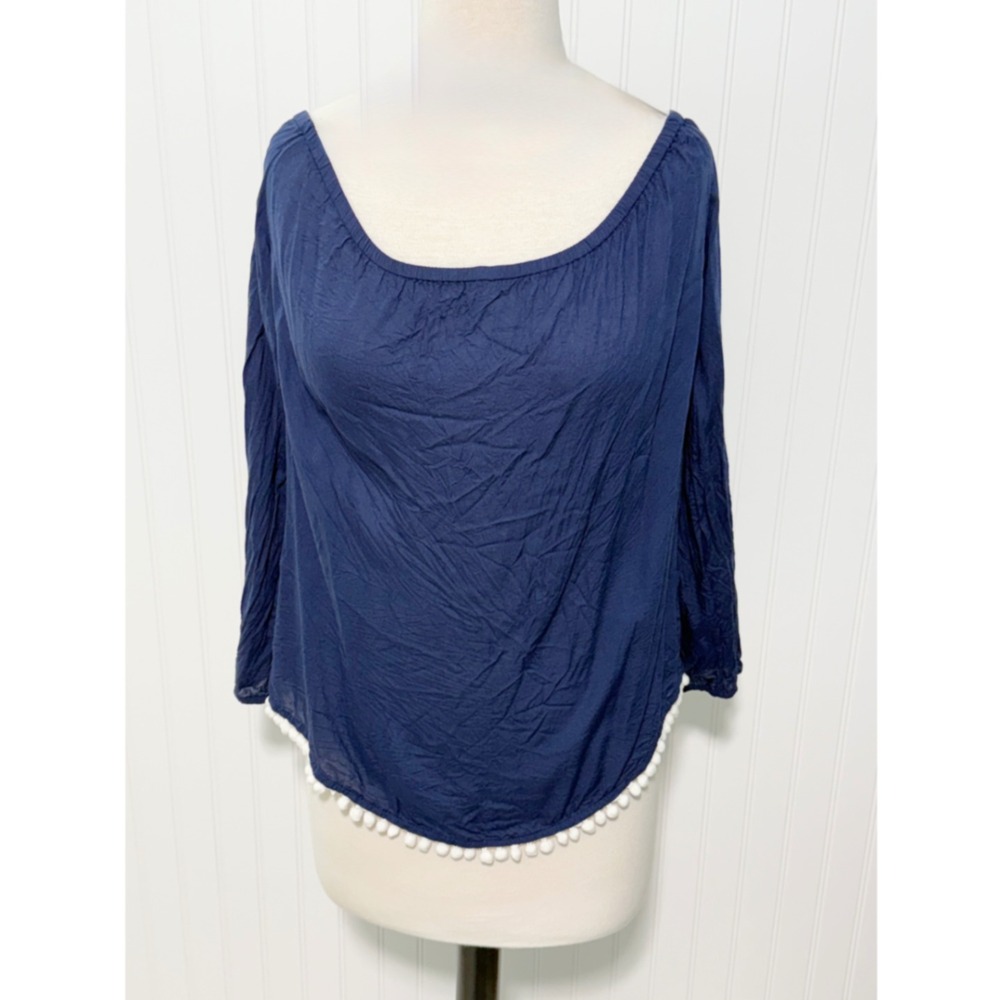 Lilly Pulitzer Navy‎ Blue Rayon Long Sleeve Off Shoulder Pom Pom Trim Top M